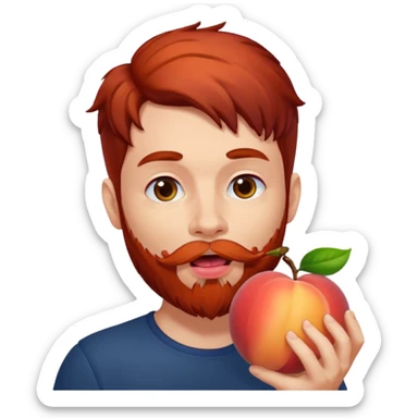 Dark haired Man with red beard licking peach sticker