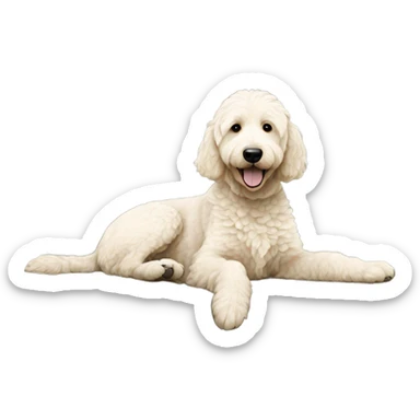 White cream golden doodle laying on a gray couch sticker