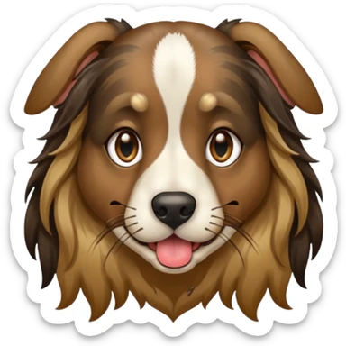 dog face with long black+brown brindle coat and bridge of nose. ears stand up w/ tips folded down. make eyes light brown-ish gold. widen tongue and add dark splotch. keep mane long.  sticker