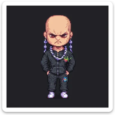 Pixel art thug in tracksuit, holding chain in Hand, bald head, angry expression, side view, retro arcade sprite
 sticker
