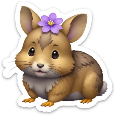 small round pika on all fours, turned at an angle, with a small light purple flower in its mouth sticker