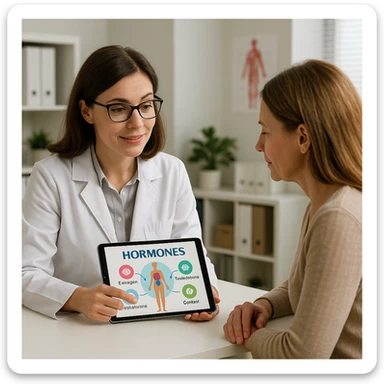 woman consulting an endocrinologist, both looking at hormone chart on tablet, supportive and professional atmosphere, realistic details, medical office background sticker