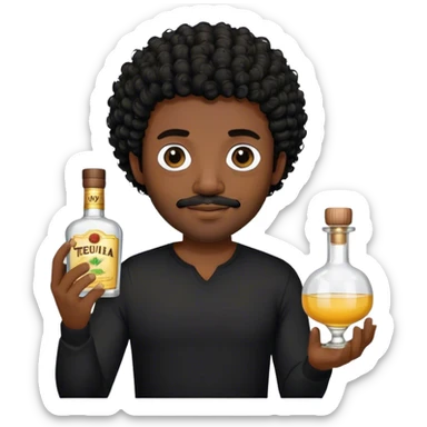 dark black guy, short black curly hair, facial hair, holding tequila, black shirt  sticker