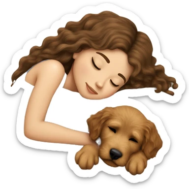 White girl straight  brown hair sleeping with golden doodle puppy  sticker