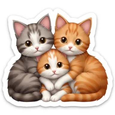 3 tiny kittens cuddling together all different colours, the first one is grey and white, the second is ginger and white and the third is brown tabby and white sticker