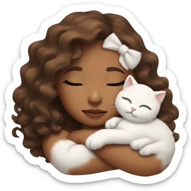 tanned girl brown wavy hair sleeping with white kitty sticker