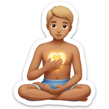 A person sitting still with their hand gently placed on their chest. A soft, warm light begins to emerge from within.  faint, blurred images of childhood moments float in the air, still distant slowly clearer as they focus on present sticker