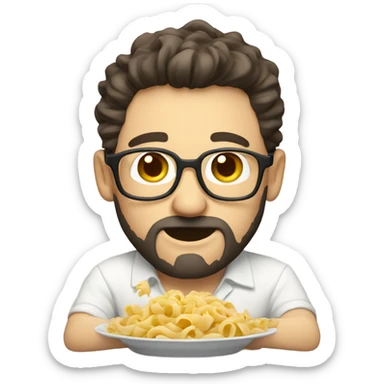 A light-skinned, nerdy man with dark hair and a beard eating pasta With a white shirt sticker