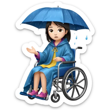 Girl with dark hair  in a wheelchair with rain poncho sad with rain storm  sticker