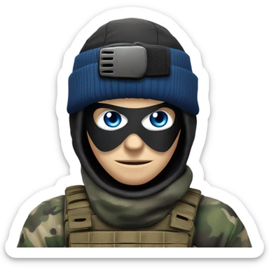 White male, call of duty black mask, camo tactical gear, combat boots, black beanie, blue eyes sticker