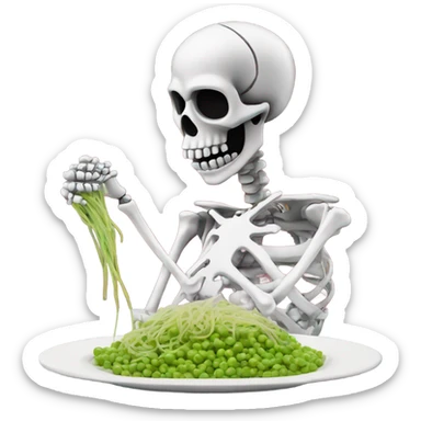 Skeleton made out of chrome eating spaghetti with peas sticker