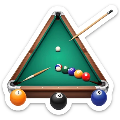 A billiard table with colorful balls arranged in a triangle, and a cue stick poised to break. The scene is set in a dimly lit room, with focused lighting highlighting the balls and table, emphasizing skill, precision, and strategy in the game of pool. sticker