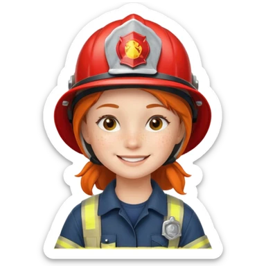 Young girl, firefighter helmet, smiling brightly sticker