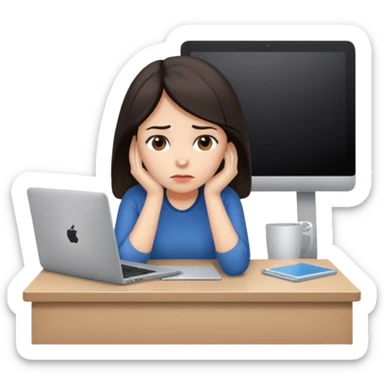  iOS emoji style - An sad and overwhelmed woman sitting at a desk with a laptop - She has dark hair. sticker
