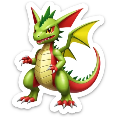 Cool cute shiny futuristic Guilmon-Flygon-Tyranitar-Digimon-hybrid-fusion, yellow belly, full body sticker
