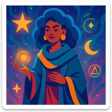 legendary mentor, young powerful and wise woman with inspiring aura, mystical environment, vibrant illustration style sticker