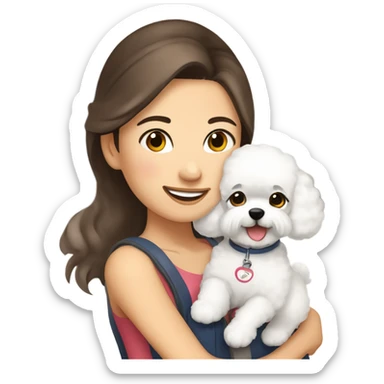 A hair-in-a-bun Asian woman, with brown hair, carrying a cute and happy Bichon Frise at the airport  sticker