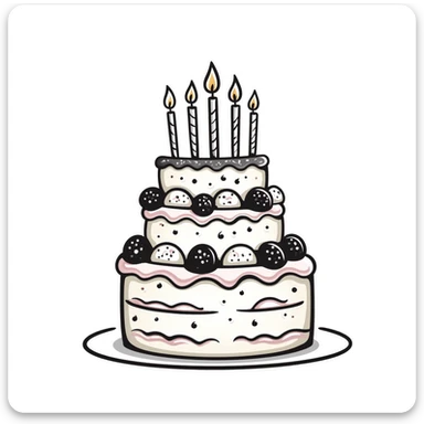 Decorated cake with multiple layers, frosting, and decorative elements. Using specific pastel colors (dd9fb0, ffc6d3, a3bfc9, c4bee2, f1b091). Hand-drawn doodle style with intricate details of icing, sprinkles, and possibly candles or berries. Transparent background. sticker