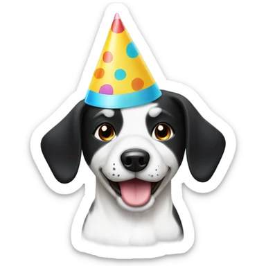 White and black dog wearing a birthday hat sticker