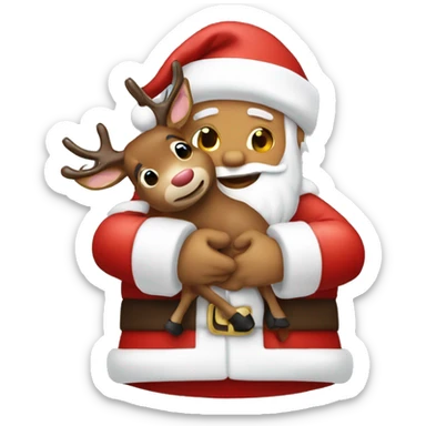 Santa clause giving a raindeer a hug sticker