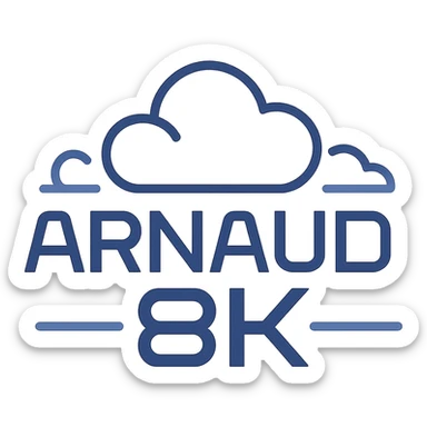 logo with 'Arnaud8K' in a tech-inspired, futuristic font, clean and minimal sticker