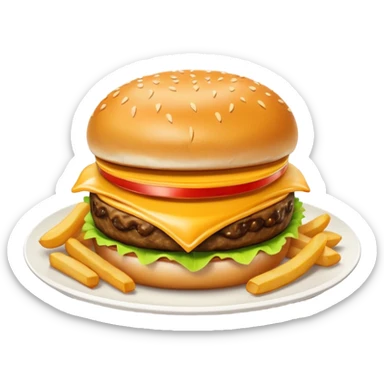 i want a Cheeseburger and Fries with a angle to 15–20° gentle bird’s-eye angle with Sause on white plate  sticker