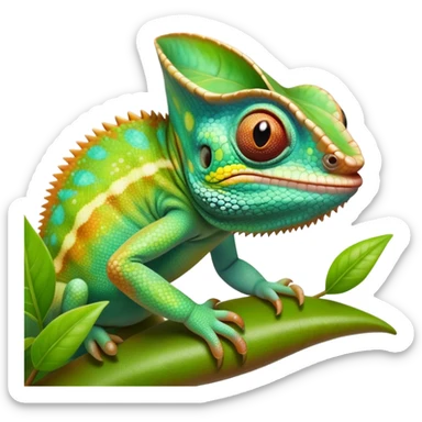 cinematic cute-smiling baby chameleon-realistic emoji,-blending-with-vibrant-greenery.-detailed-scales-in-shifting-colors,-showing-the-chameleon’s-ability-to-camouflage.-soft-natural-light-highlights-its-texture.-light-background, zoomed into its face sticker