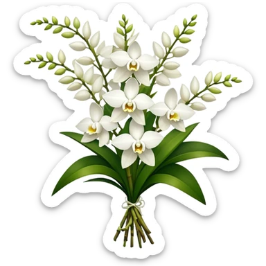 big bouquet white Dendrobium Orchid, stem, leaf sticker