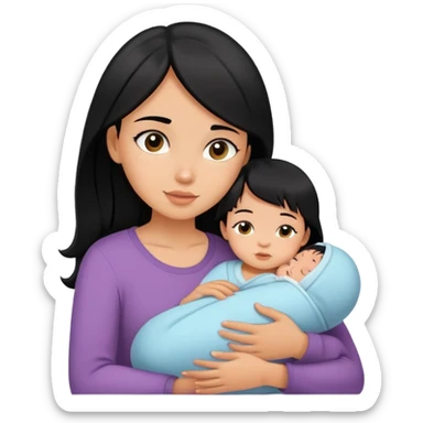girl with black hair hugs a newborn baby and a girl sticker