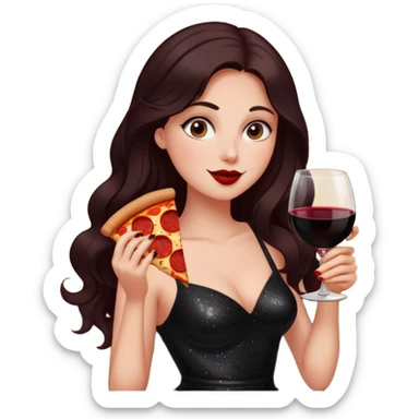 Beautiful woman in 1950’s woman fashion look, black shimmery dress, long dark brown hair, red wine, Pepperoni pizza sticker