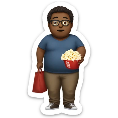 Fat Mocca-skin boy wearing glasses, holding popcorn in one hand and bag of nuts in the other hand  sticker