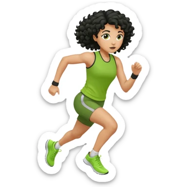 a woman with olive skin tone and curly black hair wearing green and running fast sticker