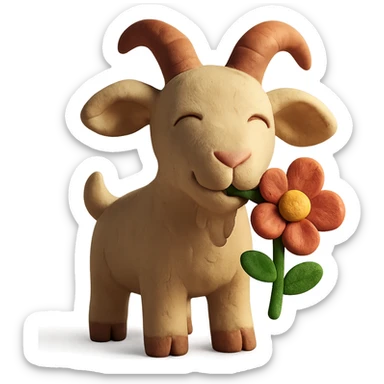 goat chewing on a flower, cute and whimsical, matte finish, claymation style sticker