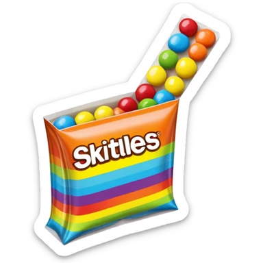 An extremely minimalist Skittles package, simple rainbow stripe design with a few green candies. Very clean and simplified. sticker