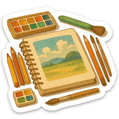 ghibli style illustration of a sketchbook with art supplies, warm and inviting sticker