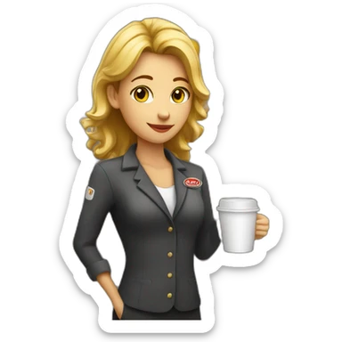 Female barista wear uniform and stand near coffee shop with cup of coffee and a cigarette sticker