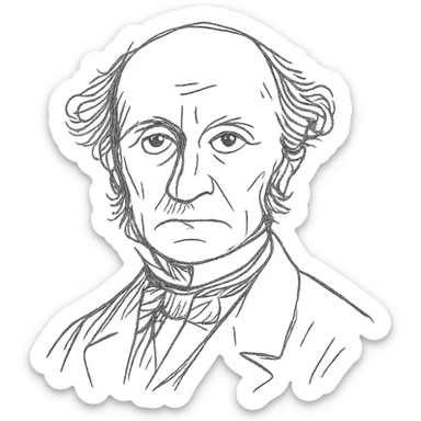 a hand drawn black outline portrait of philosopher John Stuart Mill with similar-sized eyes based a famous portrait of him sticker