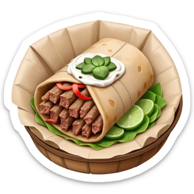 Gyros Cinematic Realistic Gyros Dish Emoji, depicted as succulent, spiced meat wrapped in paper for easy handling, rendered with lifelike textures and dynamic, warm lighting. sticker