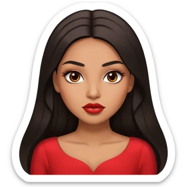 light brown skin tone, very beautiful woman, with big plump lips, long long lashes, black long straight hair, middle hair parting, brown eyes, red dress sticker