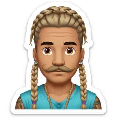 big lose braids starting from the top sides of the head man with mustache face wiith big visible loose only two braids and lots and lots of colored face tattoos colored tattoos like a tattoo artist hair unique color sticker