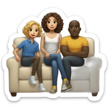 a light-skinned girl sits on a sofa and five dark-skinned guys stand behind sticker