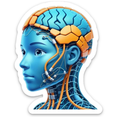 neural network nodes connecting to a digital avatar head, futuristic and vibrant, innovation and AI sticker