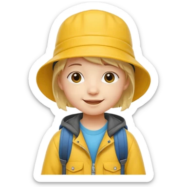 Little student wears yellow bucket hat and jacket, backpack, happy sticker