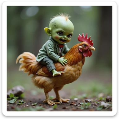 a realistic green baby zombie riding a chicken, photorealistic style sticker