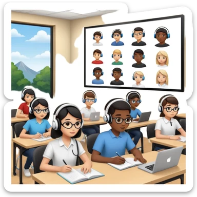 Birdseye view of large study space with students working separately add students wearing Vision Pro headsetd sticker