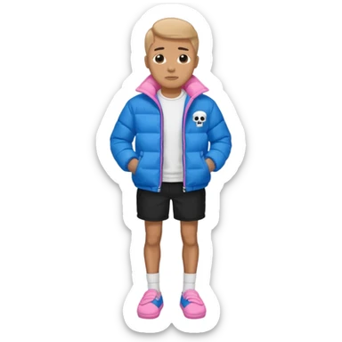 A skeleton with a white shirt blue puffer black shorts and pink slippers sticker