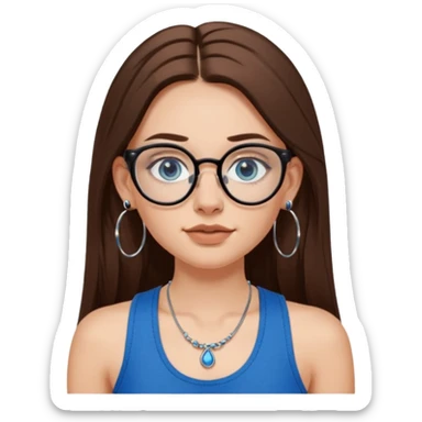White girl with long brown hair, part going more to the RIGHT side, BLUE eyes, wearing BLACK plastic frame glasses. SEPTUM nose piercing hoop (at bottom of nose) AND stud nose piercing on right side of nose. Wearing BLACK tank top. Wearing big hoop earrings. No necklace! sticker