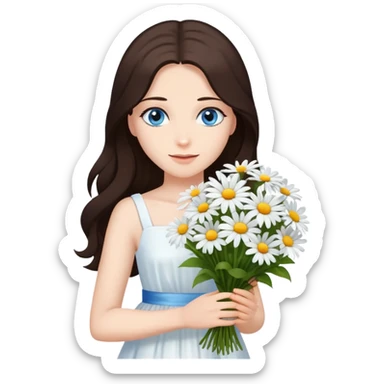 A lady stand with dark brown long hair and blue eyes, wearing a white dress, holds a bouquet of daisies.  sticker