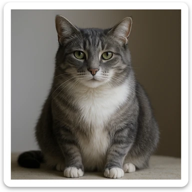 Make the cat in the reference image look more adult-like (not a kitten), a little skinnier, with medium fur length. Keep the grey top, white belly, partly grey and white legs, and white streak up the nose. Render in a realistic style with a gentle expression. sticker