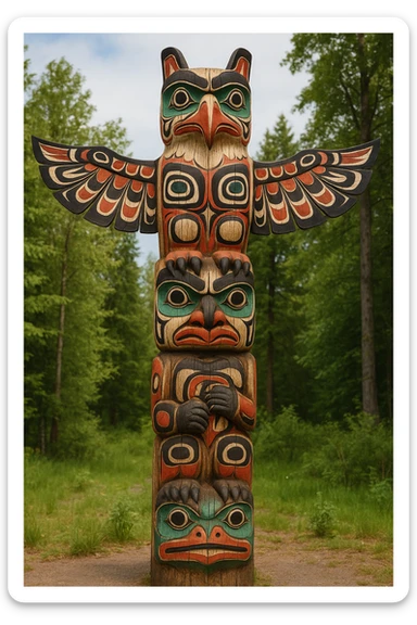 A traditional Pacific Northwest totem pole, carved from a wooden log and featuring stacked animal figures with a prominent eagle at the top. The pole displays bold, colorful tribal patterns in red, black, white, and blue, with geometric and organic designs. The animal carvings are stylized with curved beaks, large eyes, and intricate details. The totem pole stands as a cultural and spiritual monument in a natural outdoor environment, reflecting indigenous artistry and Totemism. sticker